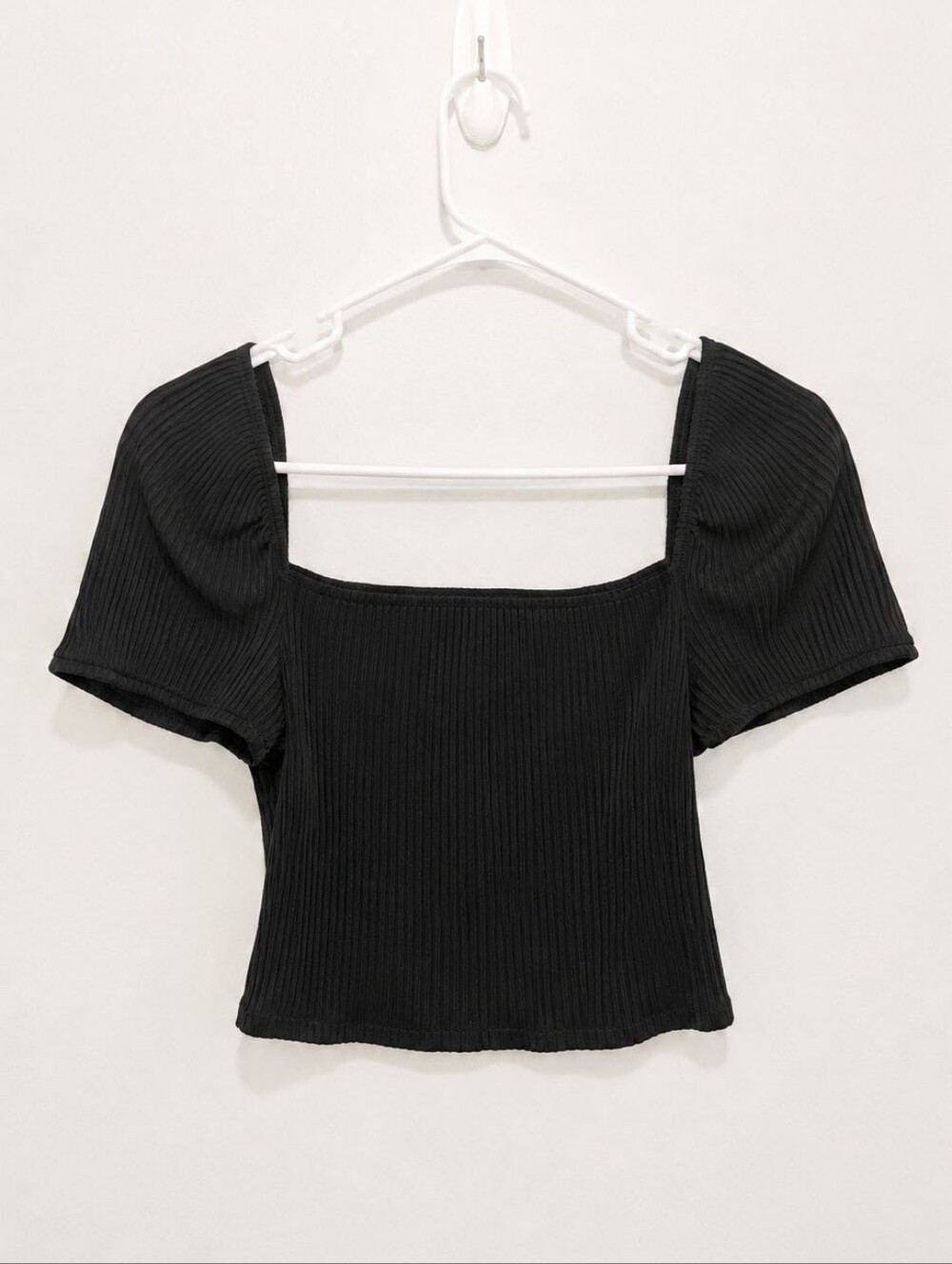 H&M Black Ribbed Square Neck Puff Sleeve Crop Top M NWT